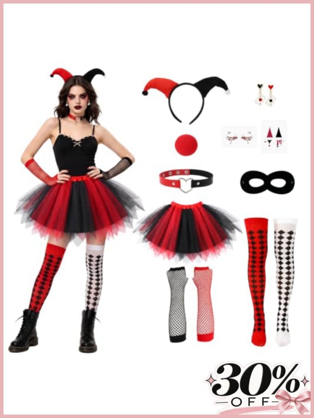 JATEBI Halloween Clown Costume Set Tutu Skirt Fishnet Gloves Women